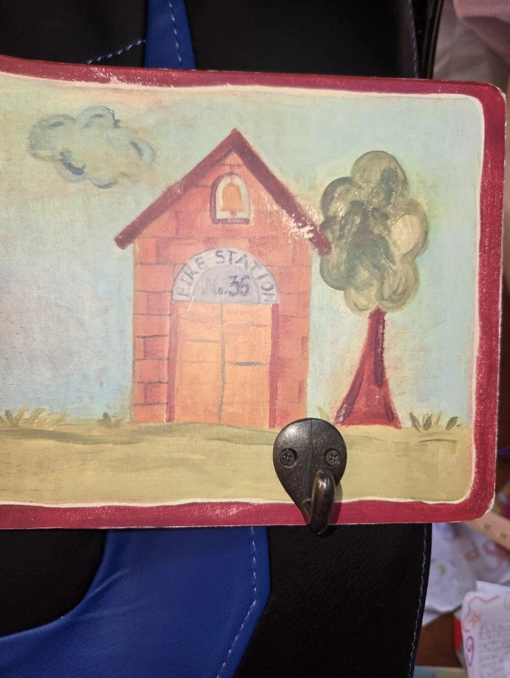 Vtg Children’s Wall Hanging Wood Coat Rack Hooks Fire Truck Theme
